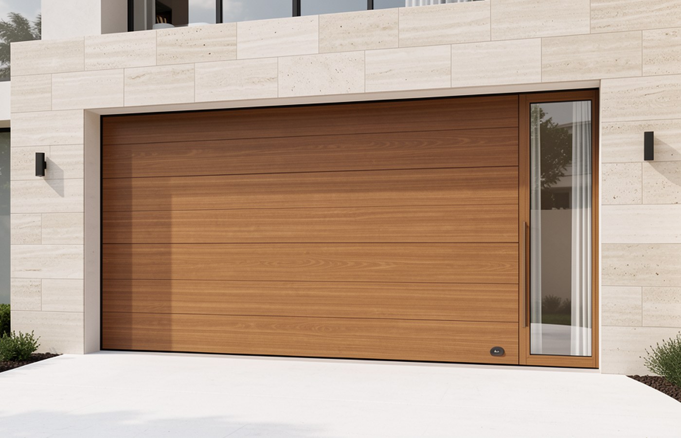 Modern wood-tone garage door on a San Antonio home
